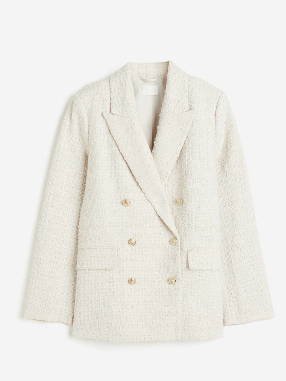 NWT Cream Double-Breasted Bouclé Blazer with Gold Buttons